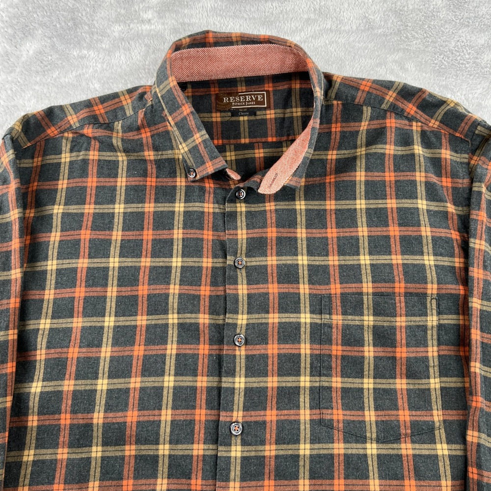 Patrick James Reserve Plaid Flannel Button Down 2XL Orange Grey Classic Shirt - Picture 4 of 12